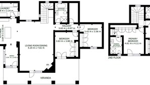 Un plan d’étage d’une propriété comprenant plusieurs chambres, un salon/salle à manger, une cuisine et une salle de bain.