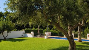 A well-maintained grassy area with a tree, a white wall, and a pool in the background. - Villa la Siesta by Interhome (Moraira)