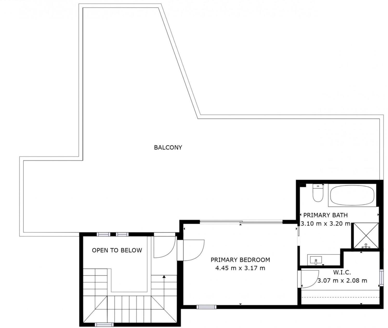 A floor plan with a balcony, primary bedroom, primary bathroom, and W.I.C.