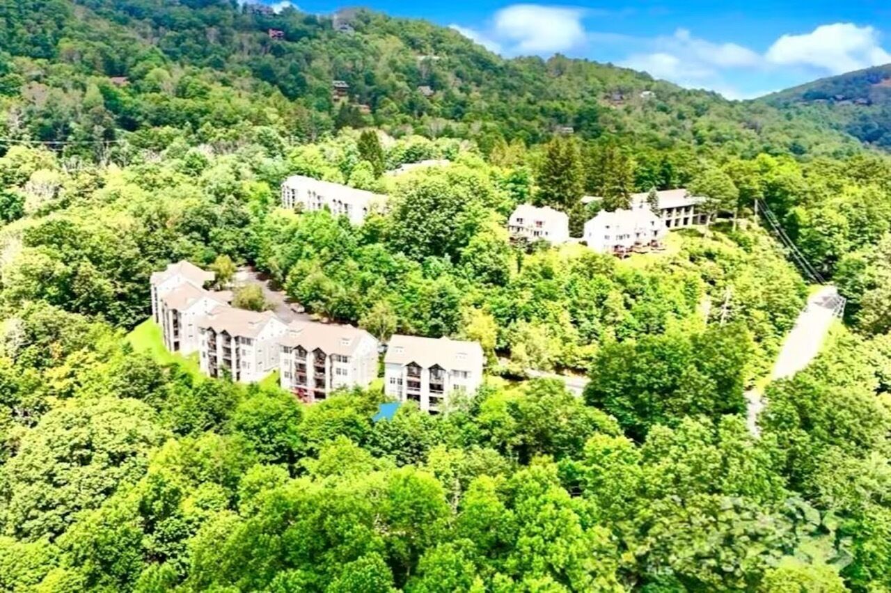 Un hotel en una ladera rodeado de un denso bosque, con varias construcciones.