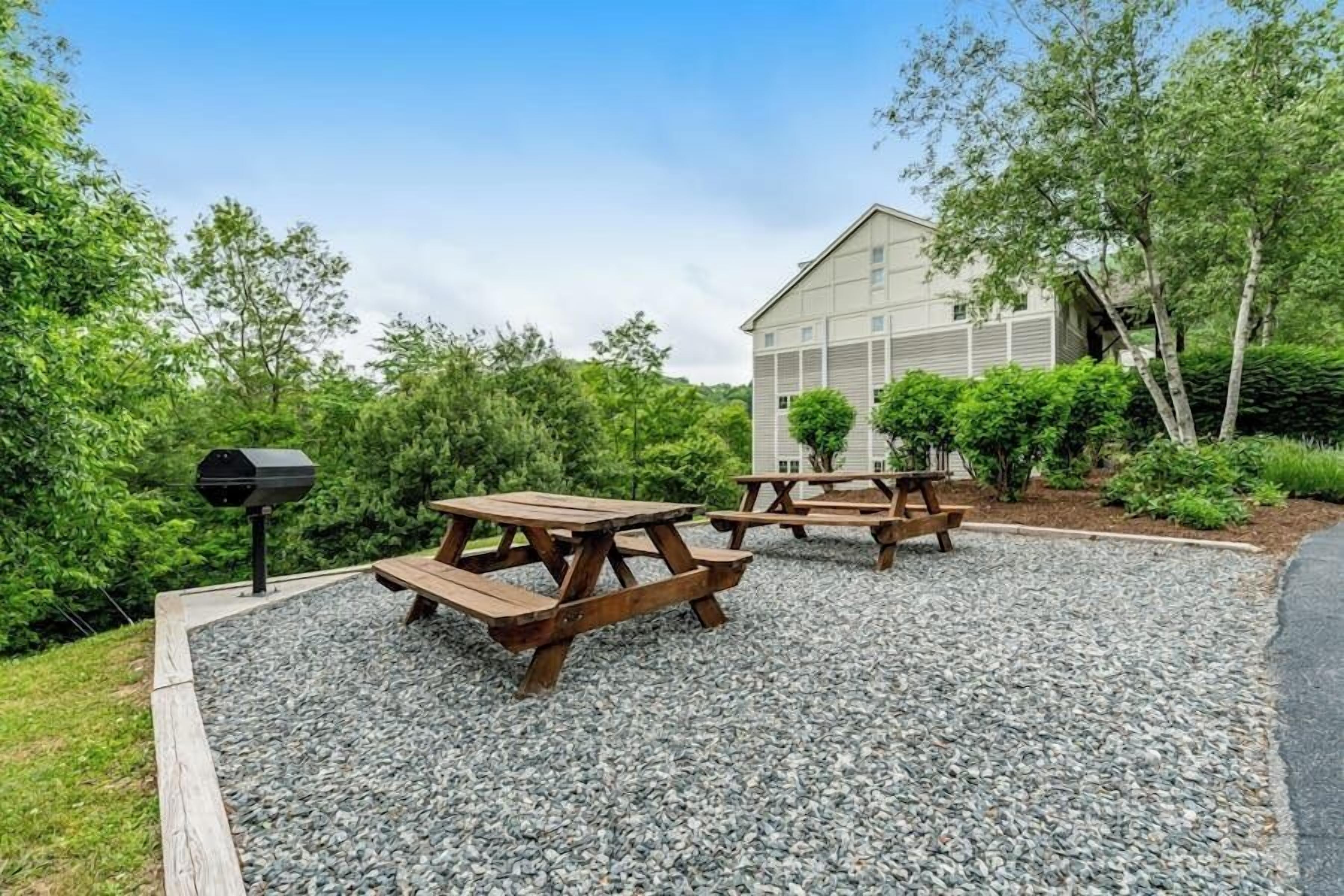 Un patio con mesas de picnic y una parrilla, rodeado de grava y follaje.