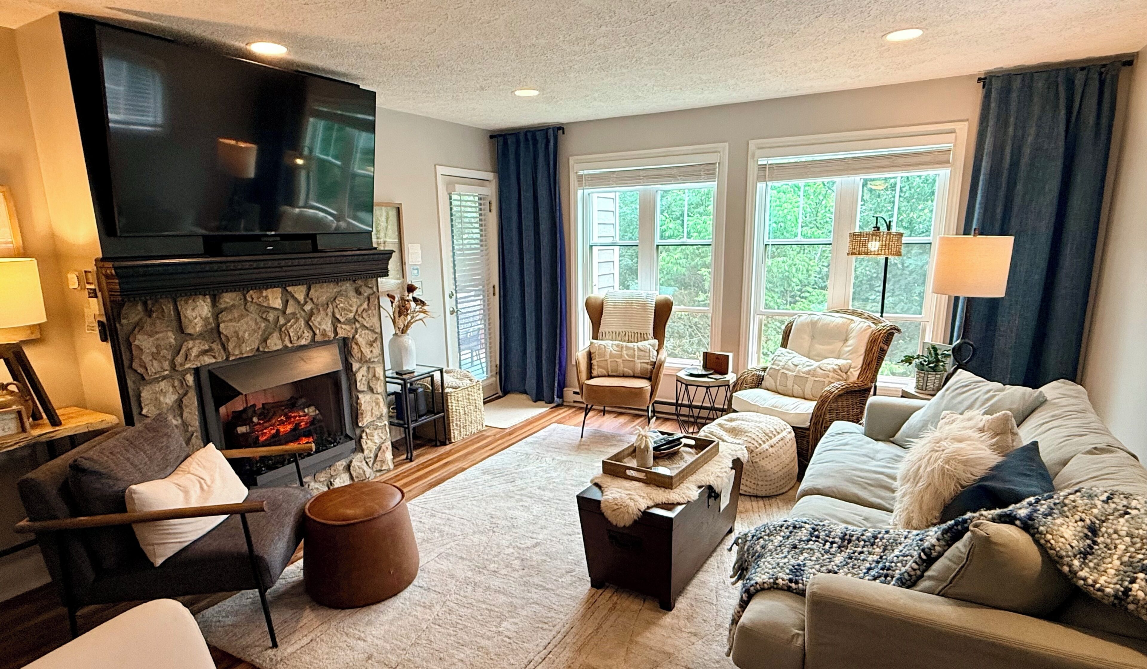 Smart TV, fireplace, books, stereo