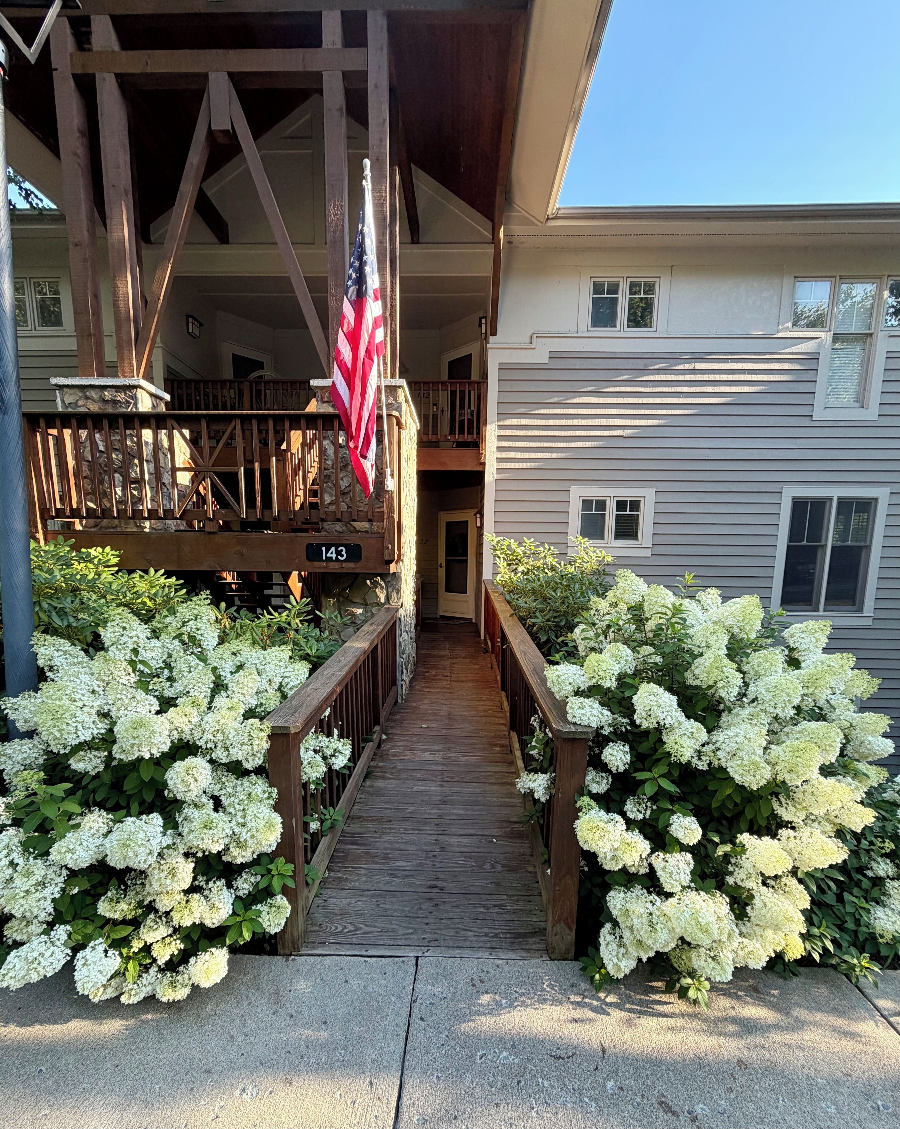 A wooden deck leading to a house entrance with white hydrangea bushes on either side.