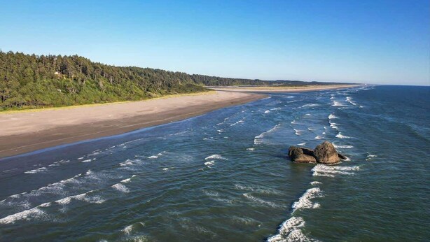 A beach with a forested area and a rocky outcrop in the water. - 3BR Copalis Beach Cottage | Fireplace | Dogs OK (Copalis Beach)