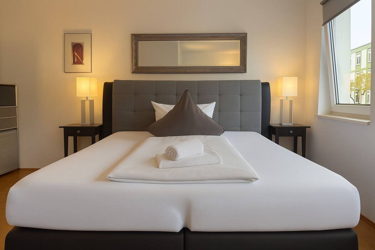 A hotel room with a large bed, two bedside tables, a headboard, a mirror, and a window.