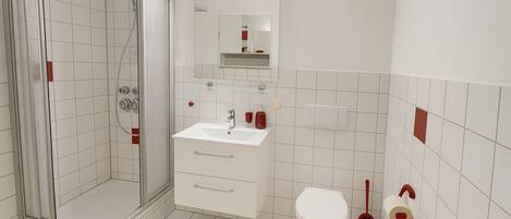 Un bagno con doccia, lavandino, WC e specchio sopra il lavandino.