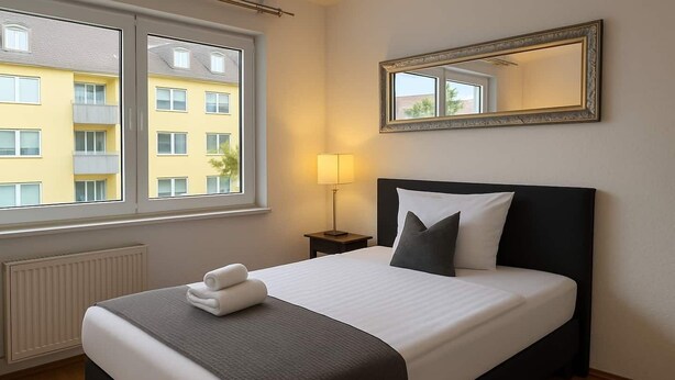 A hotel room with a bed, a nightstand, a lamp, a window, and a mirror.