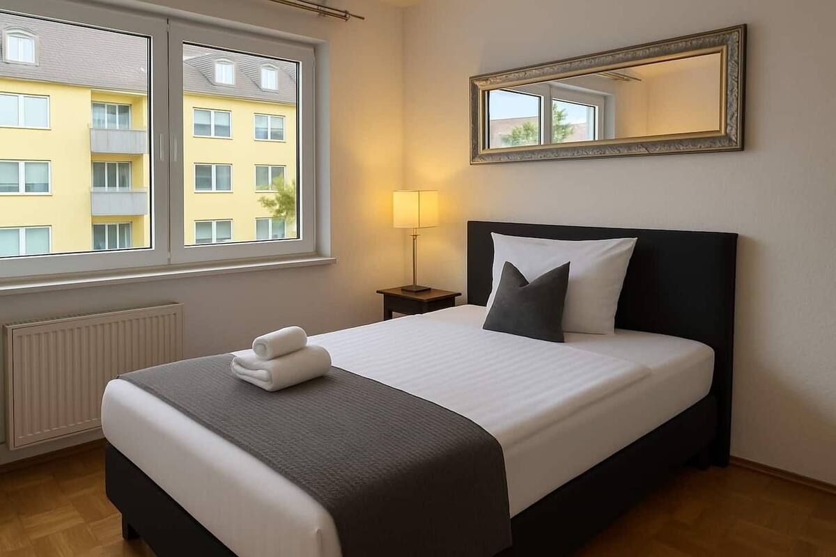 A hotel room with a bed, a nightstand, a lamp, a window, and a mirror.