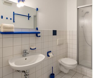 Single Room | Bathroom | Shower, hair dryer, towels, toilet paper