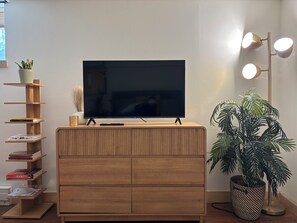 A modern living room with a flat-screen TV on a wooden cabinet, a bookshelf with books, a potted plant, and a floor lamp.