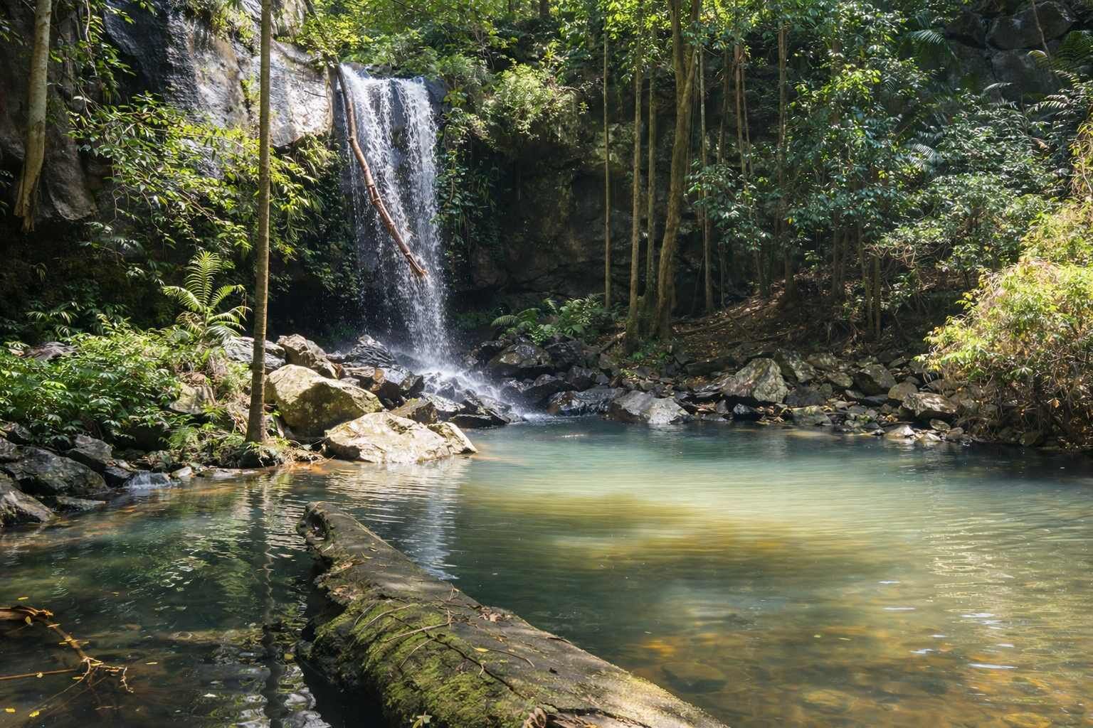 Una cascada en un área boscosa con agua cristalina y rocas.