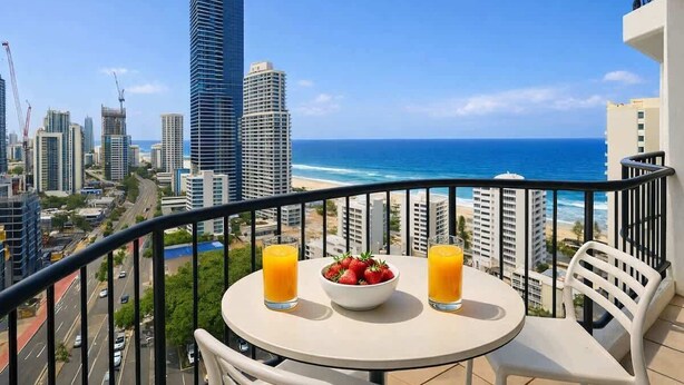 Ein Balkon mit Tisch, zwei Orangensaftgläsern und einer Schale Erdbeeren.