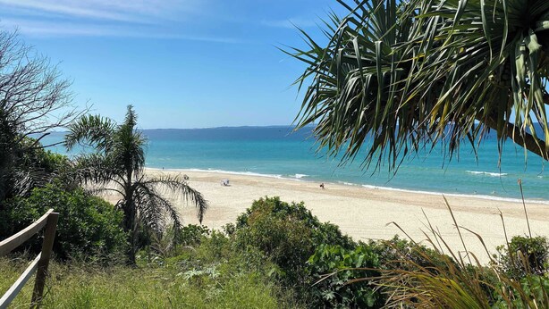 A beach with clear skies, a sandy shore, and some greenery in the foreground. - Surfers 1BR Retreat: Pool, Spa, Gym & Fast Wi-Fi (Surfers Paradise)