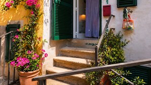 Un edificio con una escalera que lleva a una puerta con contraventanas verdes, una maceta con flores rosas y una pared decorada con motivos de peces y tréboles.