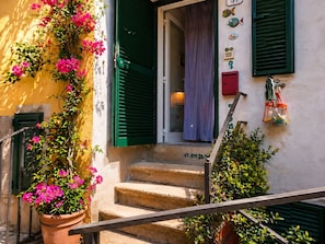 Ein Gebäude mit einer Treppe, die zu einer Tür mit grünen Fensterläden führt, einer Pflanze im Topf mit rosa Blüten und einer Wand mit dekorativen Fisch- und Klee-Motiven.