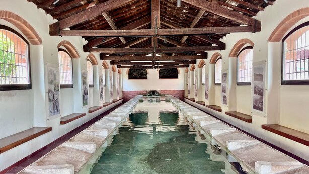 Un largo pasillo con una piscina central, ventanas arqueadas y techo de madera.