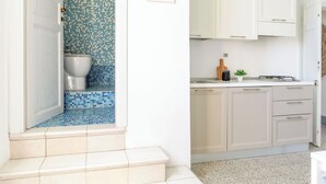 Casa de banho com parede de azulejos mosaicos e sanita.