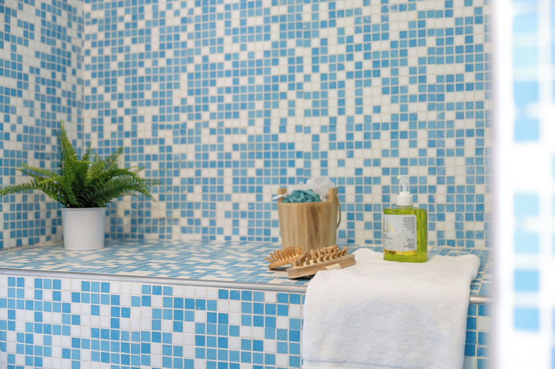 A bathroom with blue and white mosaic tiles, a potted plant, a wooden brush holder, a green bottle, and a white towel.