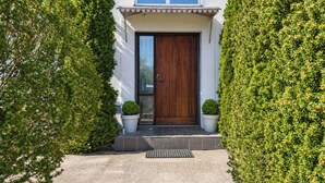 Uma casa moderna de dois andares, com porta de madeira, um pequeno alpendre e plantas em vasos.