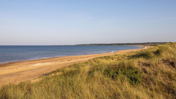 Paisagem costeira com uma praia arenosa, dunas gramadas e céu azul límpido.
