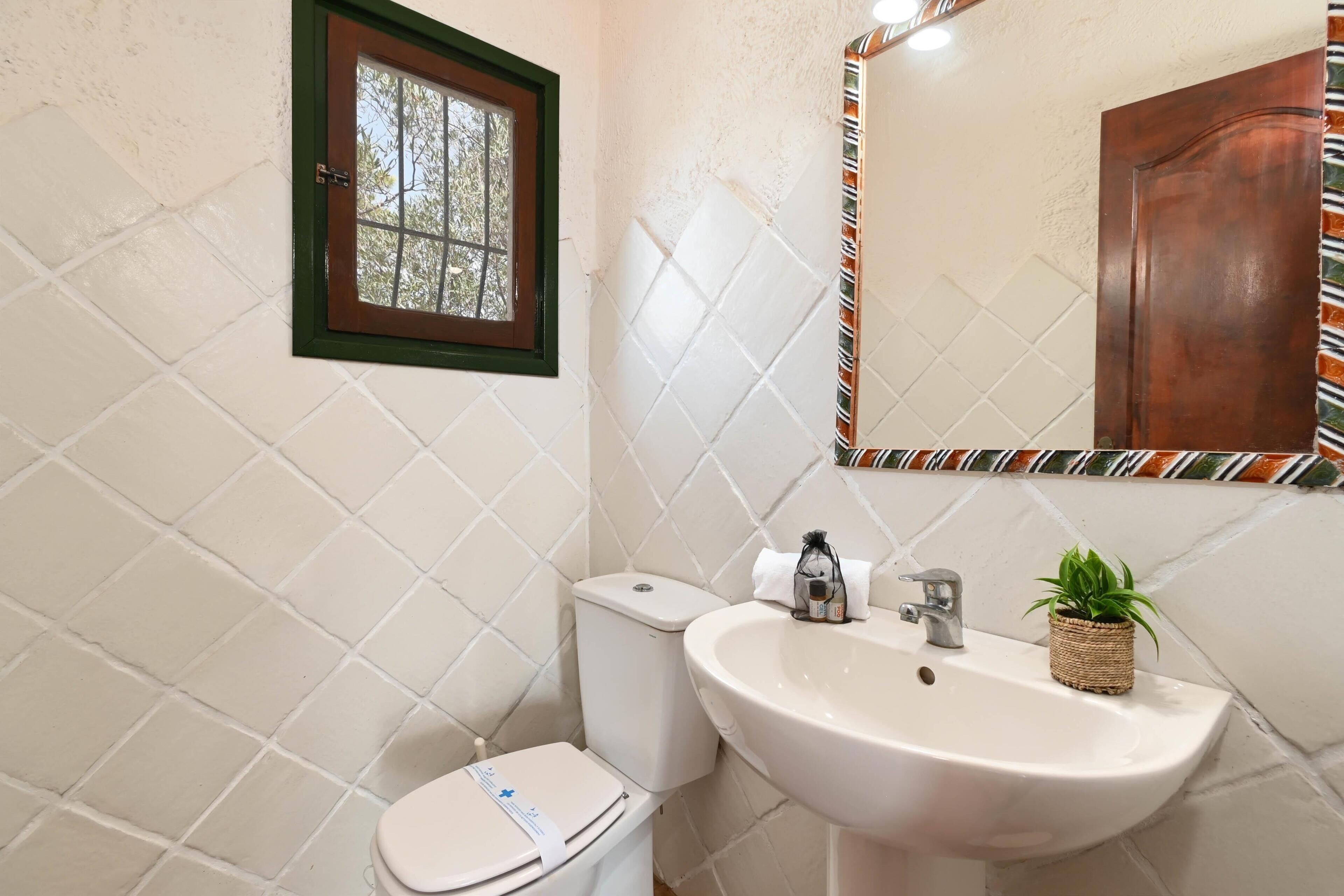 A bathroom with a toilet, sink, and mirror.