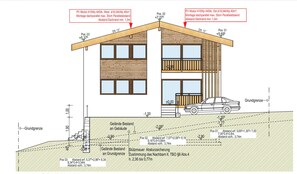 A detailed architectural drawing of a two-story building with a car parked in front. - Panoramablick Kaunergrat Suites (Kaunerberg)