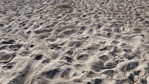 A sandy beach with footprints leading to the water, a clear sky, and a calm sea. - Rural house in a peaceful location with wonderful views of the Scanian plains. (Svedala)
