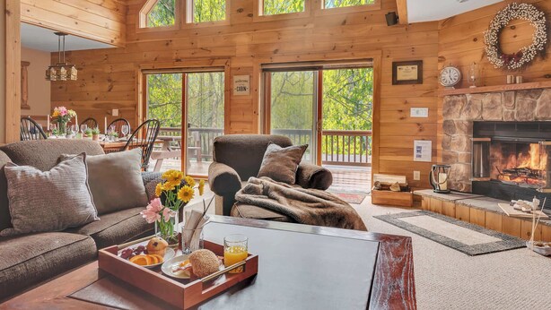 L’intérieur d’une cabane comprend une cheminée, des murs en bois, un canapé et un coin repas avec vue sur les arbres.