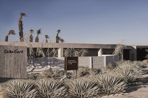 A reception area with a sign for a restaurant and bar, surrounded by desert vegetation. - Casa White (El Alamein)