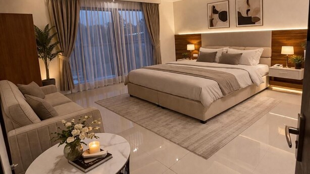 A modern hotel bedroom with a large bed, a ceiling fan, a bedside table with a lamp, and a view of the outdoors through the window. - The Rainbow Villa (Udaipur)