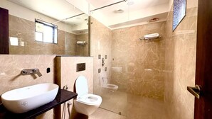 A modern bathroom with a large sink, toilet, and shower area. - The Rainbow Villa (Udaipur)
