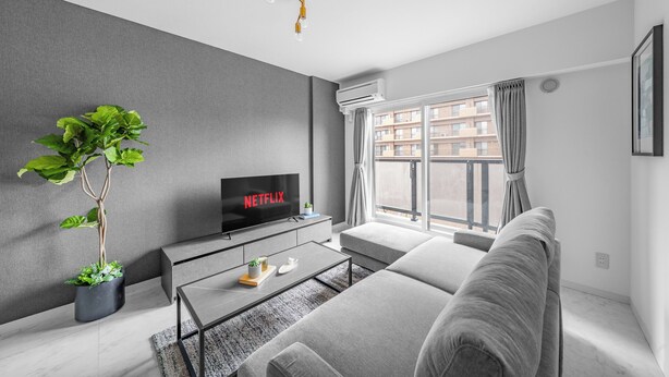 A modern living room with a grey sofa, a coffee table, a TV displaying 'NETFLIX,' a potted plant, and a window with curtains. - MEDIOFLAM 503 (Sapporo)