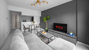 A modern living room with a sofa, coffee table, and a flat-screen TV mounted on a grey wall. - MEDIOFLAM 503 (Sapporo)