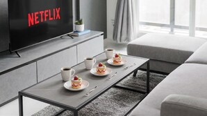 A modern living room with a flat-screen TV displaying the Netflix logo, a coffee table with dessert plates, and a grey sofa. - MEDIOFLAM 503 (Sapporo)