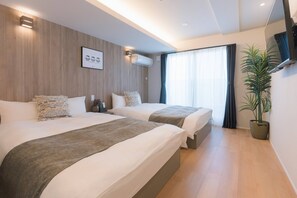 A hotel room with two beds, a large window with curtains, a wall-mounted air conditioner, and a potted plant. - b&Hanazono2 (Bainan, Nishinari Ward,)
