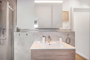 Shower, hair dryer, towels