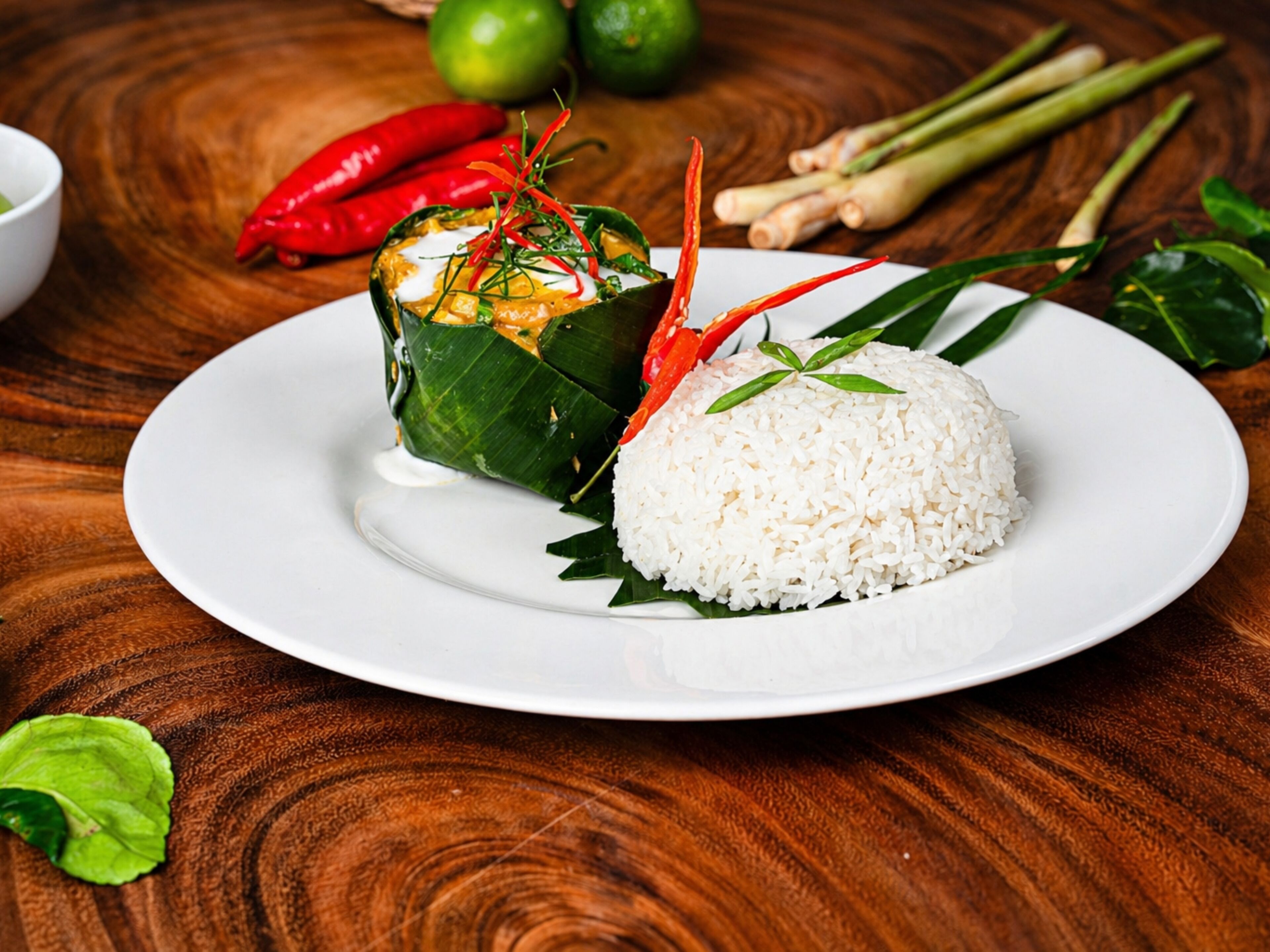 A plate with a wrapped food item and white rice on a wooden table.
