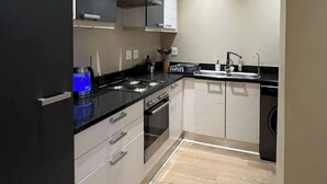 Une cuisine moderne équipée d’une cuisinière, d’un four, d’un évier et d’un lave-linge.