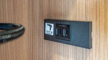 A wall-mounted electrical outlet with a hairdryer symbol and two USB ports.