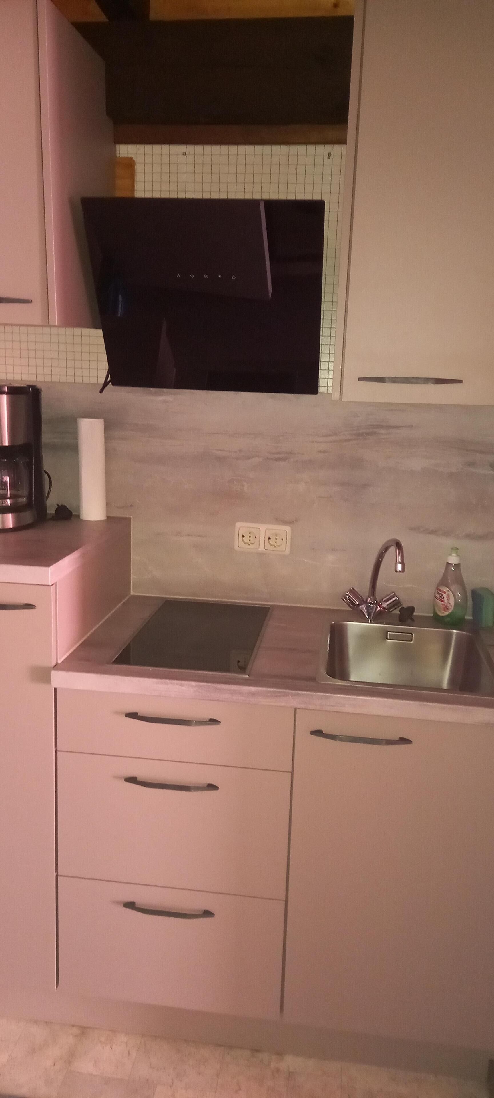 Kühlschrank, Mikrowelle, Herdplatte, Wasserkocher mit Kaffee-/Teezubehör