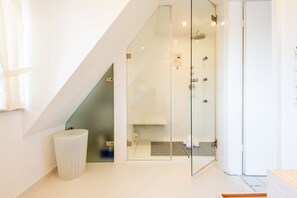 Dusche, Haartrockner, Handtücher, Seife