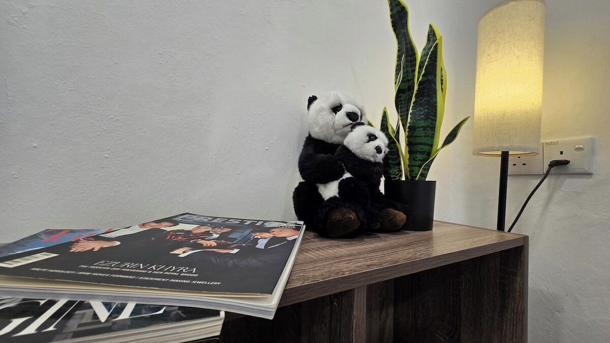 Une table en bois avec un magazine, deux peluches en forme de panda, une plante en pot et une lampe fixée au mur.