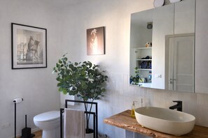 A bathroom with a toilet, a sink with a large bowl, a mirror, and a framed picture on the wall. - Cozy Countryside Home With Terrace (Brezzo di Bedero)