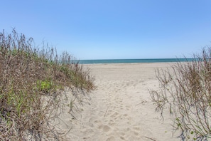 Ein sandiger Küstenpfad führt zum Meer, umgeben von Pflanzen.