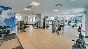 Un gimnasio con diversos equipos de ejercicio, amplias ventanas y una pared azul con motivos geométricos.