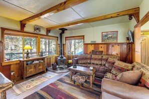 TV, fireplace, video library, stereo - Walk to Big Bear Lake & Marina: Cozy Cabin w/ Deck (Big Bear Lake)
