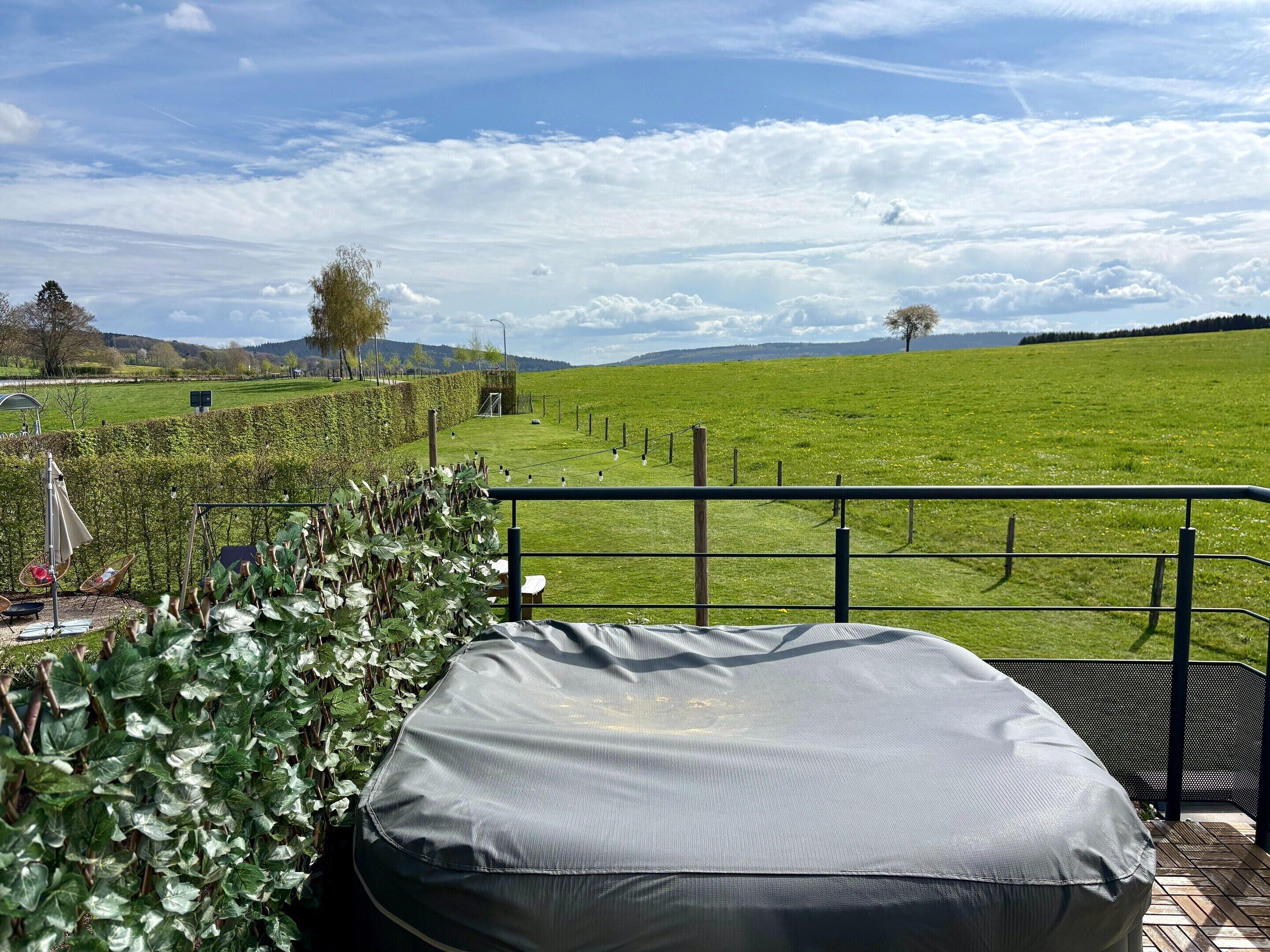 A view from a balcony with a metal railing, a grassy field, and a hedge in the foreground.