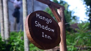 Un letrero de madera con el texto 'Mango Shadow Inn'.