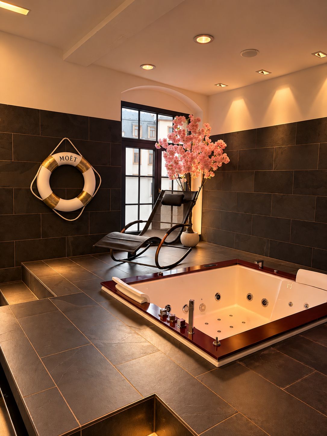 A spa room with a large bathtub, a massage chair, and a decorative flower arrangement.