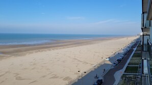 Une vue sur la plage depuis un immeuble de grande hauteur, avec une longue promenade et des voitures garées.